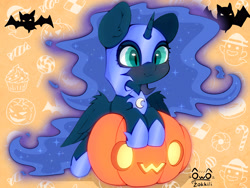 Size: 4000x3000 | Tagged: safe, artist:zokkili, nightmare moon, princess luna, alicorn, pony, g4, cute, female, filly, halloween, high res, holiday, horn, jack-o-lantern, moonabetes, nicemare moon, nightmare woon, pumpkin, signature, slit pupils, solo, sparkles, wings, woona, younger
