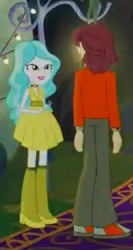 Size: 199x375 | Tagged: safe, screencap, normal norman, paisley, human, equestria girls, g4, my little pony equestria girls: legend of everfree, boots, clothes, denim, female, high heel boots, humans standing next to each other, jeans, looking at each other, looking at someone, male, missing accessory, pants, shipping fuel, shirt, shoes