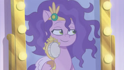 Size: 3072x1727 | Tagged: safe, screencap, pipp petals, pegasus, pony, g5, my little pony: tell your tale, very bad hair day, spoiler:g5, spoiler:my little pony: tell your tale, spoiler:tyts01e64, brush, crystal brighthouse, female, mare, messy mane, mirror, smiling, solo