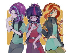 Size: 1600x1200 | Tagged: safe, alternate version, artist:beimu09296, sci-twi, starlight glimmer, sunset shimmer, twilight sparkle, human, equestria girls, g4, beanie, clothes, female, glasses, hat, jacket, looking at you, open mouth, ponytail, skirt, trio, trio female
