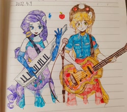 Size: 3416x3024 | Tagged: safe, artist:beimu09296, applejack, rarity, human, equestria girls, g4, my little pony equestria girls: better together, guitar, hat, high res, keytar, lined paper, musical instrument, open mouth, photo, smiling, traditional art