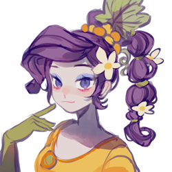 Size: 1600x1600 | Tagged: safe, artist:beimu09296, rarity, human, equestria girls, g4, bust, clothes, dress, female, flower, flower in hair, gloves, looking at you, ponytail, simple background, solo, white background