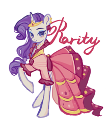 Size: 2343x2667 | Tagged: safe, artist:beimu09296, rarity, pony, unicorn, g4, blushing, clothes, dress, eyebrows, eyeshadow, female, gala dress, high res, horn, jewelry, looking at you, makeup, mare, raised hoof, rarity's first gala dress, simple background, smiling, smiling at you, solo, text, tiara, white background