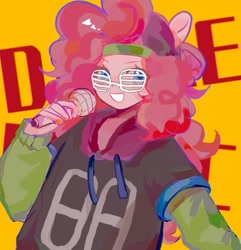 Size: 1143x1184 | Tagged: safe, artist:beimu09296, pinkie pie, human, equestria girls, g4, clothes, glasses, jacket, looking at you, microphone, rapper pie, smiling, solo