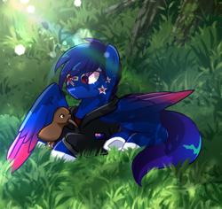 Size: 960x905 | Tagged: safe, artist:diniarvegafinahar, bird, kiwi, pegasus, pony, clothes, colored wings, duo, gradient wings, grass, jacket, lying down, male, nation ponies, new zealand, ponified, prone, stallion, wings
