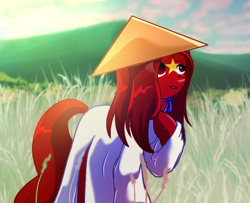 Size: 960x779 | Tagged: safe, artist:diniarvegafinahar, earth pony, pony, asian conical hat, female, field, hat, looking up, mare, mountain, nation ponies, ponified, solo, vietnam