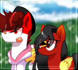 Size: 768x684 | Tagged: safe, artist:diniarvegafinahar, pegasus, pony, bandage, clothes, cloud, colored wings, duo, east timor, eye clipping through hair, female, hat, hill, indonesia, jacket, male, mare, nation ponies, ponified, sky, songkok, stallion, timor-leste, two toned wings, wings