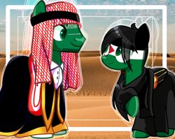 Size: 640x509 | Tagged: safe, artist:diniarvegafinahar, earth pony, pegasus, pony, cloak, clothes, colored wings, desert, dress, duo, female, keffiyeh, looking at each other, looking at someone, male, mare, multicolored wings, nation ponies, palestine, ponified, rule 85, saudi arabia, stallion, wings