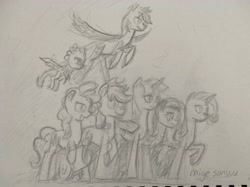 Size: 3631x2723 | Tagged: safe, artist:migesanwu, applejack, fluttershy, pinkie pie, rainbow dash, rarity, spike, twilight sparkle, alicorn, dragon, earth pony, pegasus, pony, unicorn, mlp fim's thirteenth anniversary, g4, cannon, female, grayscale, hat, high res, looking at something, mane seven, mane six, mare, monochrome, name, party cannon, raised hoof, signature, sketch, spread wings, standing, traditional art, twilight sparkle (alicorn), wings