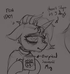 Size: 1193x1253 | Tagged: safe, artist:blvckmagic, oc, oc only, pony, unicorn, drink, monochrome, mug, sketch, solo, tired