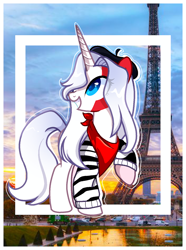 Size: 716x960 | Tagged: safe, artist:diniarvegafinahar, pony, unicorn, bandana, beret, clothes, eiffel tower, eye clipping through hair, female, france, hat, looking at you, mare, nation ponies, paris, ponified, raised hoof, smiling, solo, sweater