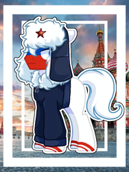 Size: 720x960 | Tagged: safe, artist:diniarvegafinahar, earth pony, pony, church, clothes, hat, jacket, male, moscow, nation ponies, no cutie marks because im lazy, ponified, russia, solo, st. basil's cathedral, stallion, stars, ushanka