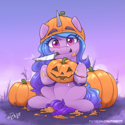 Size: 2035x2035 | Tagged: safe, artist:rivin177, izzy moonbow, pony, unicorn, g5, belly, bracelet, carving, cute, eye clipping through hair, female, friendship bracelet, halloween, hat, high res, holding, holiday, horn, izzybetes, jack-o-lantern, jewelry, knife, looking at you, mare, messy, mouth hold, pumpkin, signature, sitting, smiling, smiling at you, solo, unshorn fetlocks