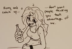 Size: 1460x992 | Tagged: safe, artist:pony quarantine, sunset shimmer, human, equestria girls, g4, beer bottle, blush lines, blushing, bottle, breasts, busty sunset shimmer, dialogue, drunk, eye clipping through hair, female, happy, monochrome, solo, talking to viewer, traditional art