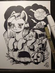 Size: 900x1200 | Tagged: safe, artist:lexx2dot0, pinkie pie, earth pony, pony, g4, halloween, holiday, jack-o-lantern, moon, night, pinkamena diane pie, pumpkin, solo, traditional art