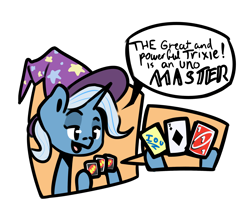 Size: 2300x2000 | Tagged: safe, artist:ronin20181, trixie, pony, unicorn, g4, clothes, female, hat, high res, iou, mare, playing card, simple background, solo, trixie's hat, uno, white background