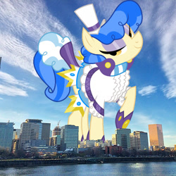 Size: 640x640 | Tagged: safe, artist:dashiesparkle edit, edit, editor:jaredking779, sapphire shores, earth pony, pony, g4, clothes, eyeshadow, female, giant pony, giantess, hat, highrise ponies, irl, lidded eyes, looking at you, macro, makeup, mare, oregon, photo, ponies in real life, portland, raised hoof, smiling, solo, story included