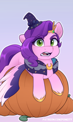 Size: 1355x2260 | Tagged: safe, artist:rivin177, pipp petals, pegasus, pony, g5, spoiler:g5, adorapipp, colored eyebrows, cute, diadem, eyebrows, female, halloween, hat, holiday, jewelry, looking at you, mare, mine!, open mouth, outline, pipp is short, possessive, pumpkin, regalia, solo, unshorn fetlocks, white outline, wings, witch hat, witch pipp