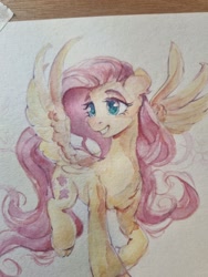Size: 1536x2048 | Tagged: safe, artist:laymy, fluttershy, pegasus, pony, g4, chest fluff, female, grin, lidded eyes, mare, smiling, solo, spread wings, traditional art, watercolor painting, wings