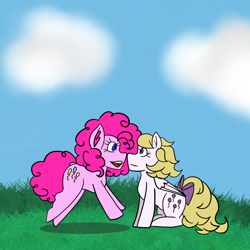 Size: 2048x2048 | Tagged: safe, artist:mintymelody, pinkie pie, surprise, earth pony, pegasus, pony, mlp fim's thirteenth anniversary, g1, g4, digital art, duo, high res, jumping