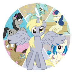 Size: 967x984 | Tagged: safe, artist:xkappax, bon bon, derpy hooves, dj pon-3, doctor whooves, lyra heartstrings, octavia melody, sweetie drops, time turner, vinyl scratch, alicorn, earth pony, pony, unicorn, g4, magical mystery cure, accessory swap, alicornified, background six, bench, bon bon is not amused, cutie mark swap, derpicorn, doctor who, epic derpy, female, male, mare, muffin queen, race swap, simple background, sitting, sonic screwdriver, spread wings, stallion, swapped cutie marks, transparent background, unamused, what my cutie mark is telling me, wings, xk-class end-of-the-world scenario