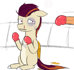 Size: 1767x1678 | Tagged: safe, anonymous artist, derpibooru exclusive, rocky riff, pegasus, pony, g5, black eye, blood, boxing gloves, context in description, description is relevant, feather, inspired by comments, male, messy mane, nosebleed, offscreen character, ouch, reference, sitting, stallion, this will end in tears, this will not end well, worried