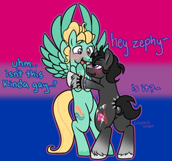Size: 3218x3000 | Tagged: safe, artist:leopardsnaps, zephyr breeze, oc, oc:crystal nightshine, pegasus, pony, unicorn, g4, bisexual pride flag, blushing, bracelet, canon x oc, dialogue, duo, flirting, flustered, gay, half-closed eyes, height difference, high res, horn, jewelry, kandi, male, pride, pride flag, ship:nightbreeze, shipping, spiked wristband, stallion, tail, tail band, trans male, transgender, unicorn oc, unshorn fetlocks, wristband