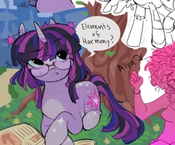 Size: 1986x1655 | Tagged: safe, artist:dulcesilly, twilight sparkle, pony, unicorn, friendship is magic, g4, book, female, glasses, lying down, mare, prone, scene interpretation, solo, speech bubble, unicorn twilight