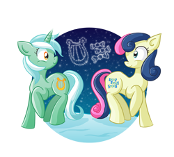 Size: 1058x958 | Tagged: safe, artist:xkappax, bon bon, lyra heartstrings, sweetie drops, earth pony, pony, unicorn, g4, blue hair, blue mane, blue tail, constellation, curly hair, curly mane, curly tail, duo, duo female, female, golden eyes, horn, looking at each other, looking at someone, pink hair, pink mane, pink tail, simple background, stars, tail, tan body, tan coat, tan fur, tan pony, teal body, teal coat, teal fur, teal hair, teal mane, teal pony, teal tail, transparent background, two toned hair, two toned mane, two toned tail