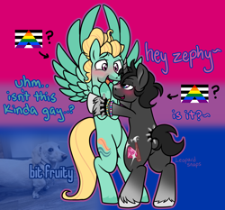 Size: 3218x3000 | Tagged: safe, artist:leopardsnaps, zephyr breeze, oc, oc:crystal nightshine, pegasus, pony, unicorn, g4, bisexual pride flag, blushing, bracelet, canon x oc, dialogue, duo, flirting, flustered, gay, half-closed eyes, height difference, high res, homophobic dog meme, horn, jewelry, kandi, male, meme, pride, pride flag, ship:nightbreeze, shipping, spiked wristband, stallion, tail, tail band, trans male, transgender, unicorn oc, unshorn fetlocks, wristband