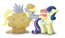 Size: 1077x639 | Tagged: safe, artist:xkappax, bon bon, derpy hooves, sweetie drops, earth pony, pegasus, pony, g4, bon bon is not amused, camouflage, disguise, duo, female, food, giant muffin, mare, muffin, simple background, tongue out, transparent background, unamused