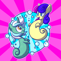 Size: 3000x3000 | Tagged: safe, artist:xkappax, bon bon, lyra heartstrings, sweetie drops, earth pony, sea pony, g4, abstract background, bubble, duo, fins, flowing mane, high res, looking at each other, looking at someone, ocean, open mouth, open smile, seaponified, seapony bon bon, seapony lyra, smiling, smiling at each other, species swap, swimming, underwater, water