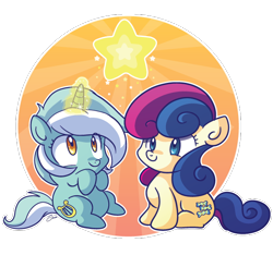 Size: 612x573 | Tagged: safe, artist:xkappax, bon bon, lyra heartstrings, sweetie drops, earth pony, pony, unicorn, g4, adorabon, chibi, cute, duo, female, filly, filly bon bon, filly lyra, filly sweetie drops, foal, glowing, glowing horn, horn, levitation, lyrabetes, magic, magic aura, simple background, smiling, stars, telekinesis, transparent background, younger