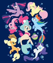 Size: 831x1000 | Tagged: safe, artist:xkappax, applejack, fluttershy, pinkie pie, princess skystar, rainbow dash, rarity, spike, twilight sparkle, alicorn, earth pony, fish, pegasus, puffer fish, seapony (g4), unicorn, g4, my little pony: the movie, blue background, blue eyes, bubble, clothes, cute, digital art, dorsal fin, eyelashes, eyeshadow, female, fin, fin wings, fins, fish tail, flower, flower in hair, flowing mane, flowing tail, freckles, glowing, happy, jewelry, makeup, mane seven, mane six, mare, merchandise, necklace, ocean, open mouth, open smile, pearl necklace, seaponified, seapony applejack, seapony fluttershy, seapony pinkie pie, seapony rainbow dash, seapony rarity, seapony twilight, shirt, simple background, smiling, species swap, spike the pufferfish, swimming, t-shirt, tail, twilight sparkle (alicorn), underwater, water, wings