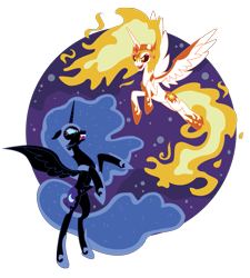 Size: 1053x1168 | Tagged: safe, artist:xkappax, daybreaker, nightmare moon, alicorn, pony, g4, concave belly, duo, ethereal mane, ethereal tail, female, helmet, hoof shoes, mane of fire, mare, peytral, princess shoes, rearing, simple background, slender, spread wings, starry mane, starry tail, tail, tail of fire, tall, thin, transparent background, wings