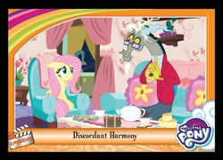 Size: 838x603 | Tagged: safe, edit, edited screencap, screencap, discord, fluttershy, discordant harmony, g4, button-up shirt, cardigan, clothes, cucumber sandwiches, cup, discord's house, dress shirt, glasses, milk toast, mister rogers, my little pony logo, name, necktie, pants, scone, shirt, teacup, teapot