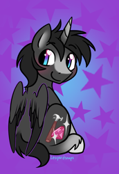 Size: 1668x2424 | Tagged: safe, artist:leopardsnaps, oc, oc only, oc:crystal nightshine, alicorn, pony, abstract background, alicorn oc, alicornified, blaze (coat marking), coat markings, colored hooves, facial markings, gradient hooves, gradient horn, hooves, horn, looking at you, looking over shoulder, male, race swap, sitting, solo, stallion, unshorn fetlocks, wings