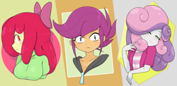 Size: 4049x1971 | Tagged: safe, artist:batipin, apple bloom, scootaloo, sweetie belle, human, equestria girls, g4, apple bloom's bow, bow, cutie mark crusaders, female, hair bow, trio, trio female