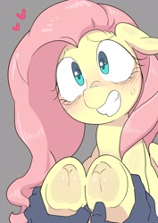 Size: 2507x3541 | Tagged: safe, artist:gakushuogawa, fluttershy, human, pegasus, pony, g4, blushing, bust, cute, female, female focus, floppy ears, frog (hoof), grin, hand, heart, high res, holding hooves, hoofbutt, mare, nervous, nervous smile, nervous sweat, offscreen character, offscreen human, pov, shyabetes, smiling, solo focus, sweat, sweatdrop, underhoof