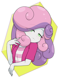 Size: 1474x1944 | Tagged: safe, artist:batipin, sweetie belle, human, equestria girls, g4, abstract background, breasts, eye clipping through hair, eyebrows, eyebrows visible through hair, female, looking at you, simple background, solo, transparent background