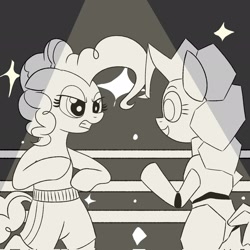 Size: 2048x2048 | Tagged: safe, artist:legendoflink, pinkie pie, earth pony, pony, robot, robot pony, g4, boxing, camera flashes, duo, female, grayscale, gritted teeth, high res, mare, monochrome, pinktober, pinktober 2023, sports, spotlight, teeth