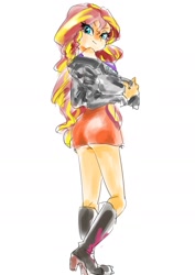 Size: 1285x1815 | Tagged: safe, artist:cocomorinewoo, sunset shimmer, human, equestria girls, g4, ass, boots, breasts, bunset shimmer, butt, clothes, female, high heel boots, jacket, leather, leather jacket, looking at you, looking back, looking back at you, microskirt, off shoulder, shirt, shoes, sideboob, simple background, skirt, smiling, solo, white background