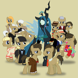 Size: 1001x1001 | Tagged: safe, artist:xkappax, doctor whooves, queen chrysalis, time turner, changeling, changeling queen, earth pony, pony, g4, bench, blazer, bowtie, brown background, clothes, cravat, doctor who, eighth doctor, eleventh doctor, fedora, fifth doctor, first doctor, fourth doctor, fourth doctor's scarf, frock coat, hat, jumper, multeity, necktie, ninth doctor, panama hat, safari jacket, scarf, second doctor, self paradox, self ponidox, seventh doctor, shirt, simple background, sixth doctor, spread wings, striped scarf, tenth doctor, third doctor, thirteenth doctor, twelfth doctor, wings