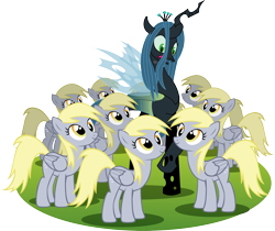 Size: 2160x1813 | Tagged: safe, artist:xkappax, derpy hooves, queen chrysalis, changeling, changeling queen, pegasus, pony, g4, derpies, female, folded wings, mare, multeity, palindrome get, simple background, spread wings, transparent background, unstoppable force of derp, wings