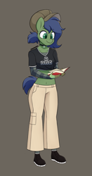 Size: 1881x3600 | Tagged: safe, artist:handgunboi, oc, oc only, oc:gray hat, anthro, book, clothes, commission, gray background, hat, pants, shirt, shoes, simple background, solo