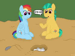 Size: 512x384 | Tagged: safe, artist:valuable ashes, hitch trailblazer, rainbow dash, earth pony, pegasus, pony, mlp fim's thirteenth anniversary, g4, g5, female, generational ponidox, grass, male, pixel art, rock, sand, speech bubble