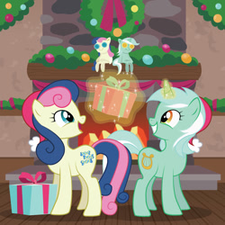 Size: 1080x1080 | Tagged: safe, artist:xkappax, bon bon, lyra heartstrings, sweetie drops, earth pony, pony, unicorn, g4, adorabon, christmas, cute, duo, female, fireplace, glowing, glowing horn, grin, hat, hearth's warming doll, hearth's warming eve, holiday, horn, lesbian, looking at each other, looking at someone, looking back, looking back at each other, lyrabetes, magic, magic aura, present, santa hat, ship:lyrabon, shipping, smiling, telekinesis