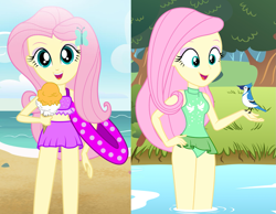 Size: 1369x1063 | Tagged: safe, artist:draymanor57, artist:thegamemasternight3, fluttershy, bird, human, equestria girls, g4, beach, clothes, food, green swimsuit, ice cream, lake, pretty, purple bikini, purple swimsuit, swimsuit, water