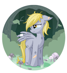 Size: 720x785 | Tagged: safe, artist:xkappax, derpy hooves, pegasus, pony, g4, bandage, bandaid, blank flank, crying, female, forest, injured, mare, sad, simple background, solo, teary eyes, transparent background
