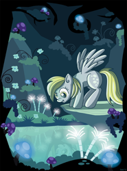 Size: 670x906 | Tagged: safe, artist:xkappax, derpy hooves, pegasus, pony, g4, cave, cave pool, female, flower, mare, mirror pool, mushroom, plants, reflection, solo, spread wings, wings